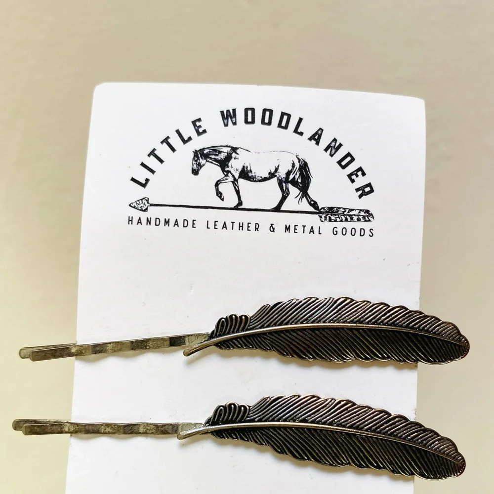 LITTLE WOODLANDER Silver Feather Hair Pins Bobby Pin 2 pc. Woodlands Nature